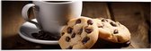 Acrylglas - Kop Koffie met Verse Koekjes op Houten Tafel - 90x30 cm Foto op Acrylglas (Met Ophangsysteem)