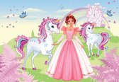Fotobehang - Vliesbehang - Prinses en Unicorns voor het Sprookjeskasteel - Eenhoorns - 312 x 219 cm