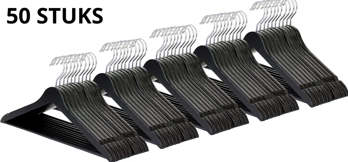 Wicotex-Kledinghanger – SET 50 stuks - houten-kleerhanger, met rok inkepingen en broekspijpen, draaibare haak, Dames en heren kleding - ZWART