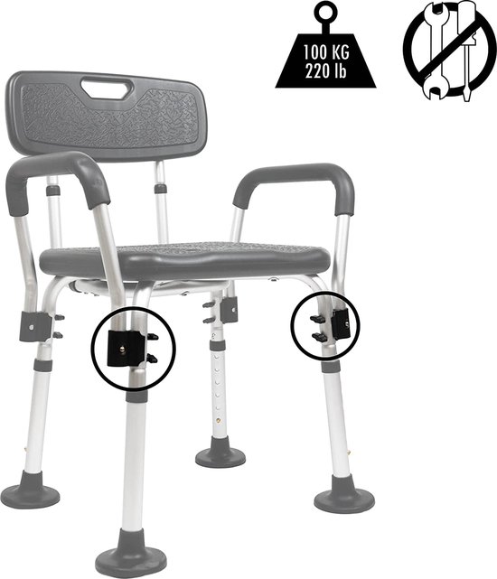 Douchestoel met Armleuningen, Douchekruk met Rug, Douchezitje Antislip