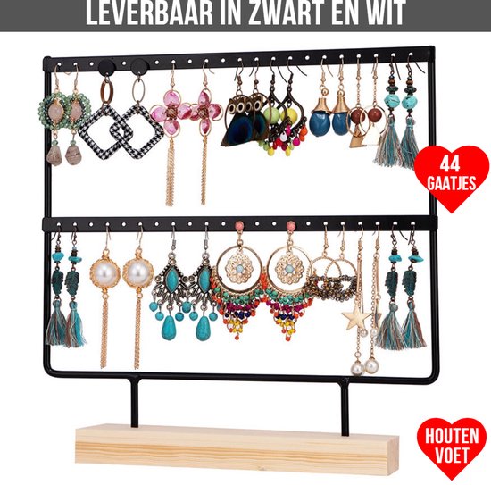 Allernieuwste.nl® Oorbellenrekje Sieradenrekje Oorbellen Display Sieraden Organizer ZWART - voor 44 oorbellen HOUTEN VOET - porte-bijoux - 2 Verdiepingen