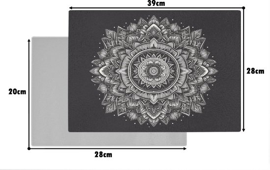 Planche à découper en Verres - 39x28 - Mandala - Zwart et blanc - Fleurs - Bohème - Nature - Planches à découper en Glas