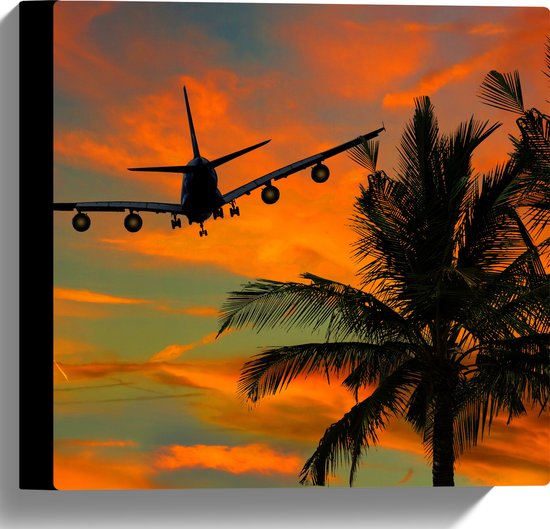Canvas - Passagiersvliegtuig Vliegend langs Groep Palmbomen - 30x30 cm Foto op Canvas Schilderij (Wanddecoratie op Canvas)