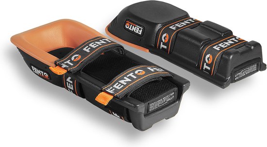 Zwarte Fento kniebeschermers met oranje binnenzijde en klittenbandsluitingen.