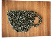 Dibond - Hoopje Koffiebonen in de Vorm van Kop Koffie - 100x75 cm Foto op Aluminium (Wanddecoratie van metaal)