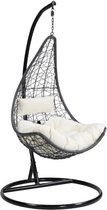 MYLIA Hangstoel OROSI van gevlochten hars - Zwart met wit kussen L 105 cm x H 195 cm x D 105 cm