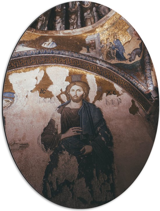 Dibond Ovaal - Religieuze Muurschilderingen in een Kerk - 51x68 cm Foto op Ovaal (Met Ophangsysteem)