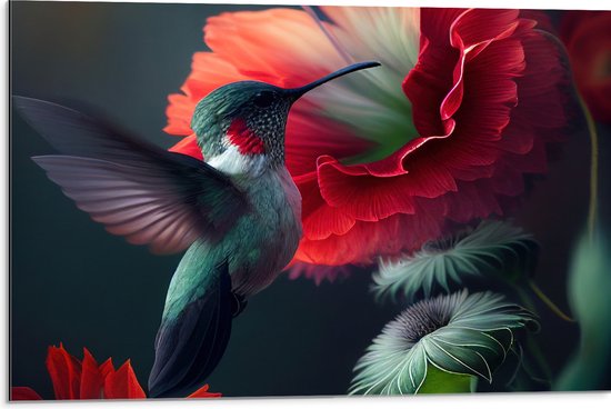 Dibond - Close-up van Kolibrie Vliegend bij Rode Bloeiende Bloemen - 75x50 cm Foto op Aluminium (Wanddecoratie van metaal)