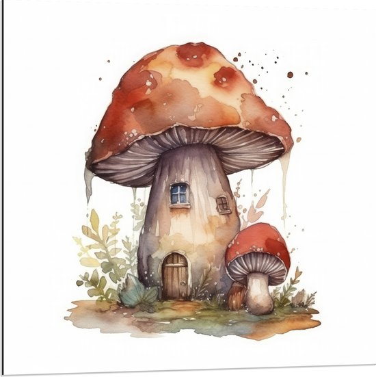 Dibond - Waterverf Tekening van Paddenstoelen Huisje - 80x80 cm Foto op Aluminium (Met Ophangsysteem)