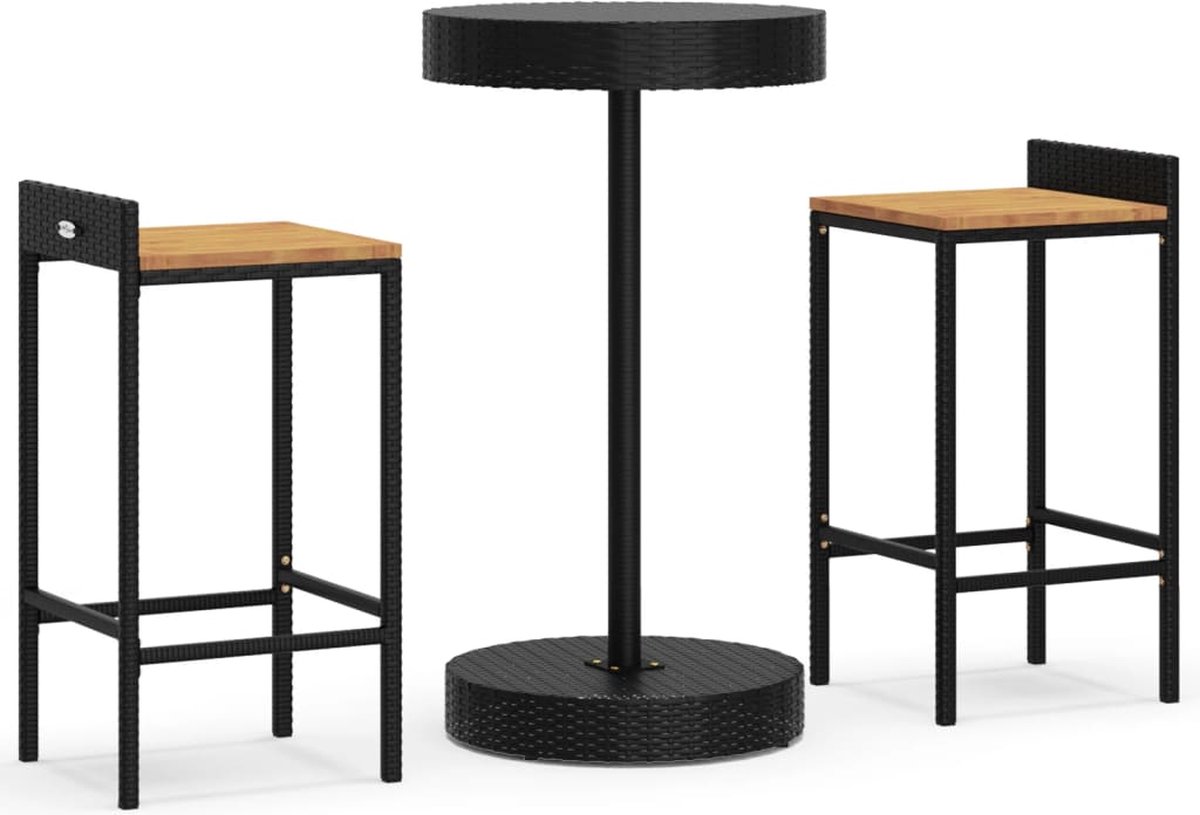 VidaXL 3-delige Tuinbarset poly rattan en massief acaciahout zwart