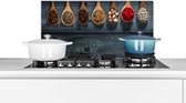Spatscherm keuken 70x30 cm - Kookplaat achterwand Kruiden - Lepels - Hout - Keuken - Specerijen - Industrieel - Muurbeschermer - Spatwand fornuis - Hoogwaardig aluminium
