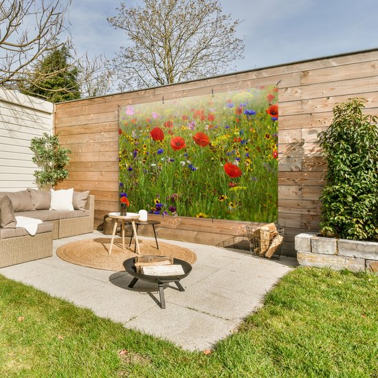 Poster jardin Printemps - Fleurs - Rouge - Coquelicot - Herbe - Vert - 190x120 cm - Décoration murale Extérieur - Poster jardin - Toile jardin - Poster clôture - Tableau jardin
