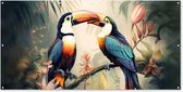 Schuttingposter Toekan - Vogels - Bloemen - Natuur - Jungle - 200x100 cm - Tuindoek