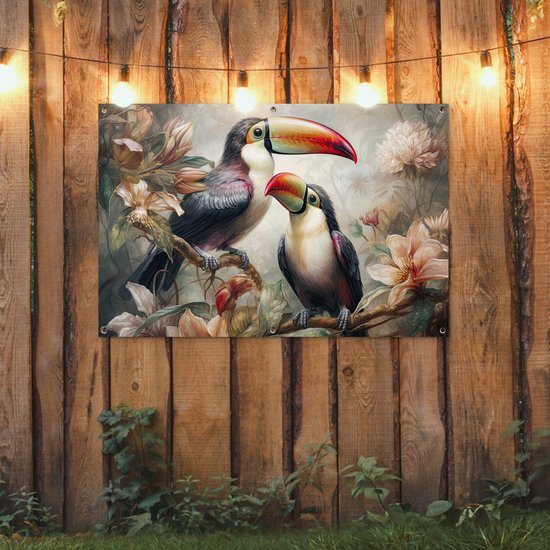 Affiche jardin - Toile jardin - Posters de jardin extérieur - Toucan - Vogels - Fleurs - Jungle - 120x80 cm - Jardin