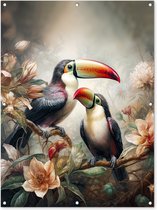 Tuinposter toekan - Tuindecoratie vogels - 90x120 cm - Wanddecoratie met bloemen voor buiten - Schutting decoratie jungle - Buitenposter - Schuttingdoek - Tuindoeken - Tuin doek - Balkon poster