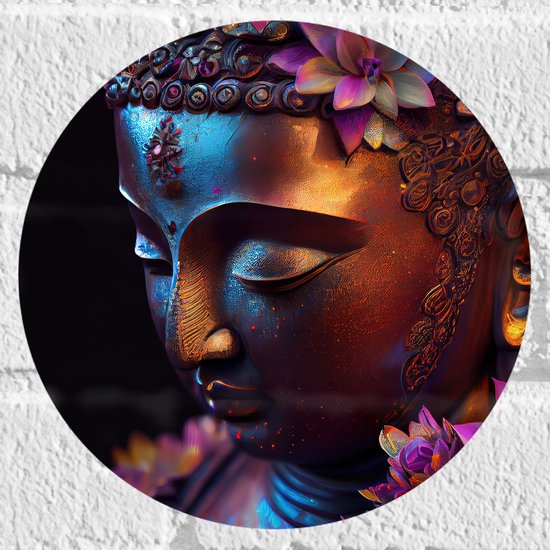 Muursticker Cirkel - Religieuze Boeddha met Roze Lelie Bloemen - 20x20 cm Foto op Muursticker