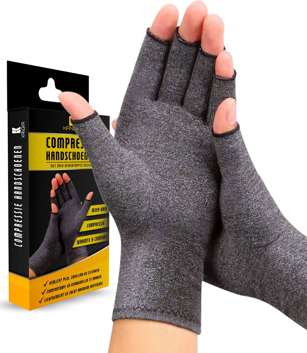 KANGKA® Reuma Compressie Handschoenen Maat M voor Artrose, Reuma, Artritis, RSI, CTS - Open Vingertoppen - Grijs - Unisex - Kangka