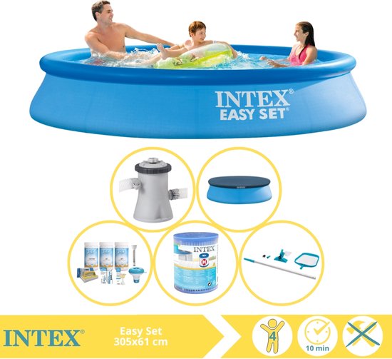 Intex Rond Opblaasbaar Easy Set Zwembad - 305 x 61 cm - Blauw - Inclusief Afdekzeil - Onderhoudspakket - Zwembadfilterpomp - Filter - Grondzeil