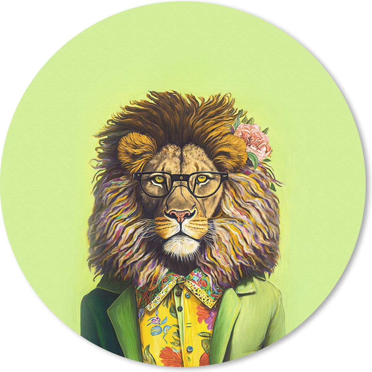 Muismat rond 30x30 cm - Mousepad Leeuw - Man - Dier - Bril - Bloemen - Ronde muismatten