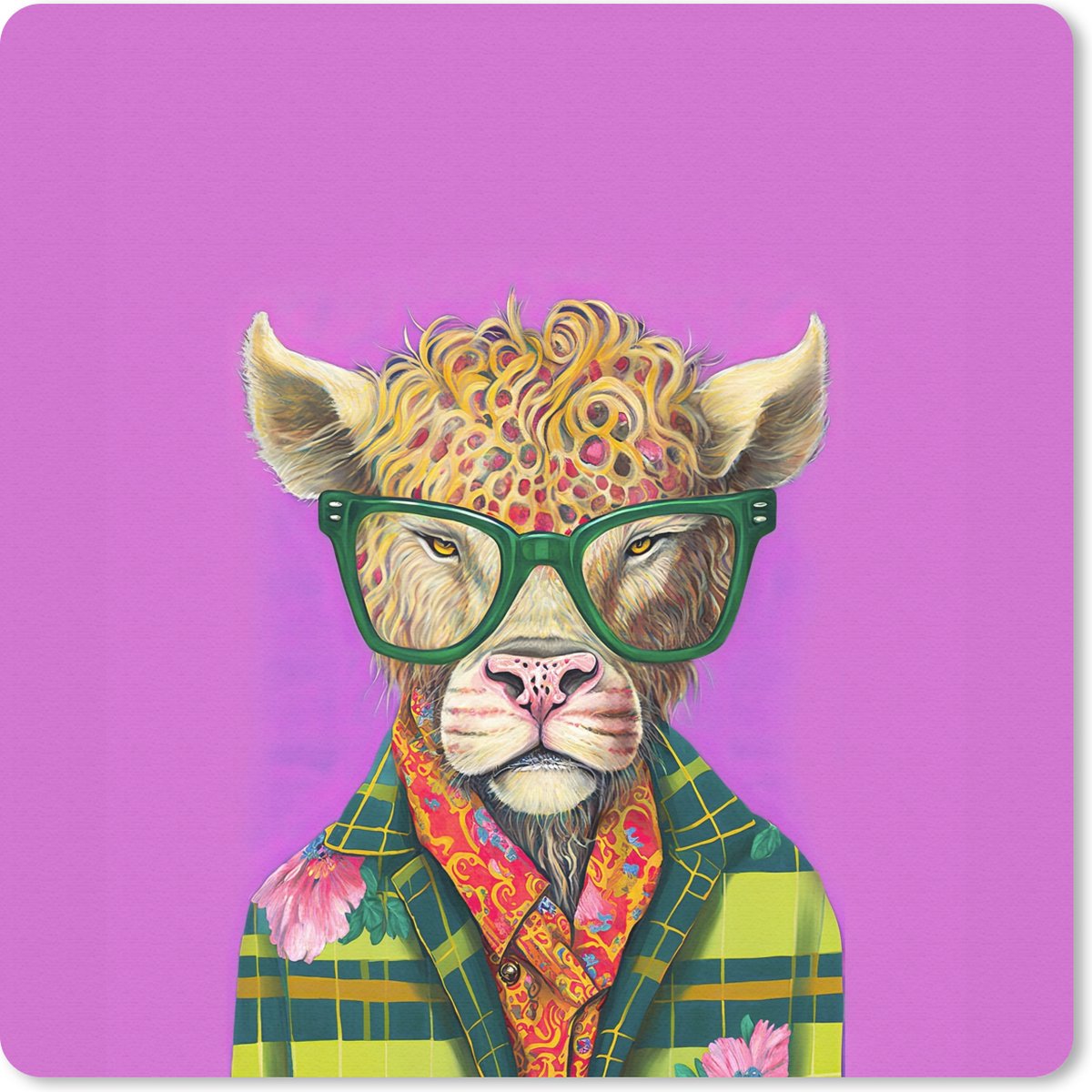 Muismat 20x20 cm - Mousepad Bril - Dier - Schotse hooglander - Bloemen - Hippie - Muismatten