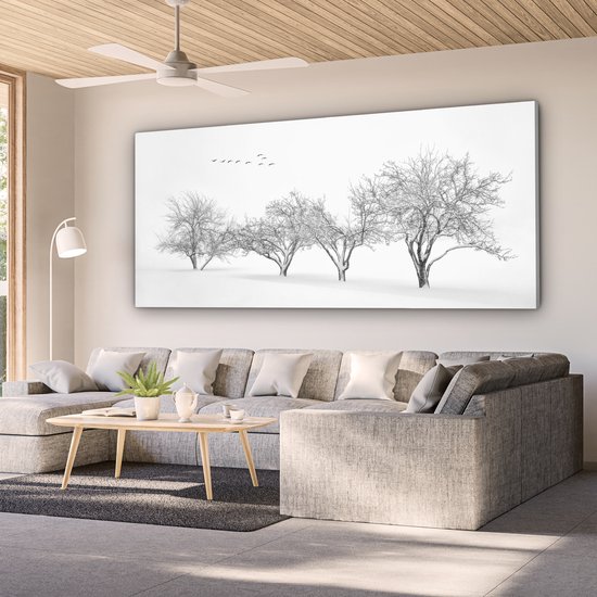 Canvas schilderij 160x80 cm - Wanddecoratie Bomen - Zwart wit - Natuur - Vogels - Muurdecoratie woonkamer - Slaapkamer decoratie - Kamer accessoires - Schilderijen op canvas