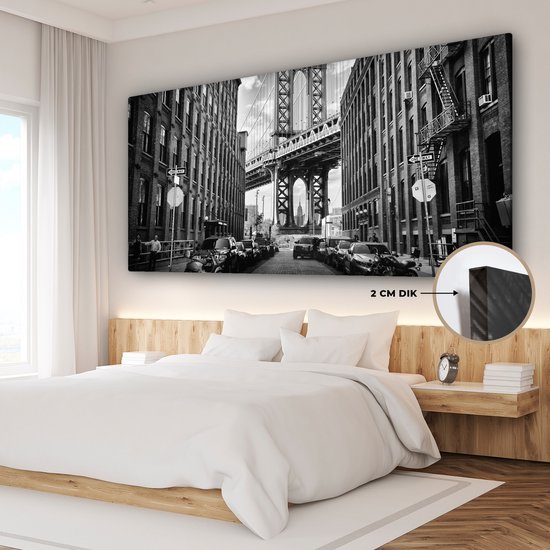Canvas schilderij Brooklyn New York zwart wit 160x80 - Kamer decoratie accessoires - Schilderijen woonkamer stad - Wanddecoratie slaapkamer - Muurdecoratie keuken - Wanddoek interieur binnen - Woondecoratie huis - Woonaccessoires