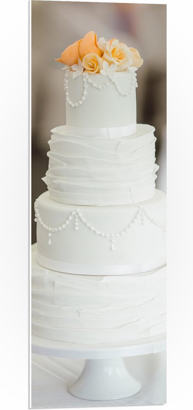 PVC Schuimplaat - Gestapelde Bruidstaart met Gele Bloemen - 30x90 cm Foto op PVC Schuimplaat (Met Ophangsysteem)