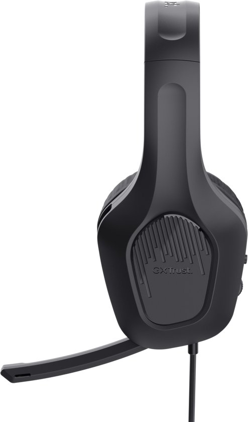 Zwarte gaming headset met microfoon, zijaanzicht.
