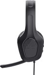 Zwarte gaming headset met microfoon, zijaanzicht.