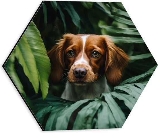 Dibond Hexagon - Bruin met Witte Hond tussen de Groene Bladeren - 30x26.1 cm Foto op Hexagon (Met Ophangsysteem)