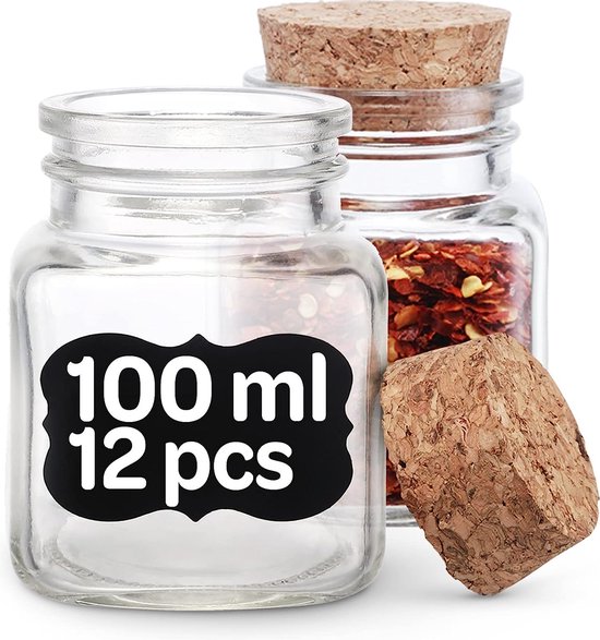 TWBEST Kruidenpotjes, 24-delige set, rechthoekig, met strooi-inzetstuk, 120 ml, kruidenpotjes met bamboedeksel, voor kruidenrek, kast, lade, kruidenpotjes, set glas