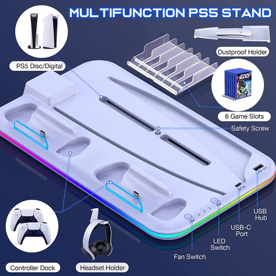 Overzicht van een multifunctionele witte PS5 standaard met controller dock, headset houder, 6 game slots en extra USB hub.