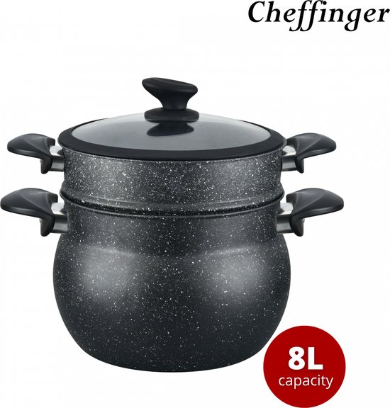 Cheffinger CF-COUS8: 8L Marmer Gecoate Stoomkoker - Couscous Pot