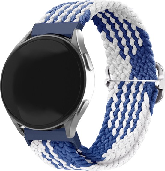 Strap-it Smartwatch bandje 20mm - geweven / gevlochten nylon bandje geschikt voor Samsung Galaxy Watch 6 / 6 Classic / Watch 5 / 5 Pro / Watch 4 / 4 Classic / Watch 3 41mm / Watch 1 42mm / Watch Active / Active 2 / Gear Sport - blauw/wit