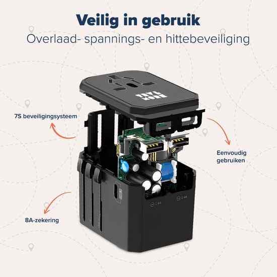 TRVLMORE Wereldstekker Universeel - Reisstekker - USB C en USB A - 150+ Landen - Engeland (UK), Amerika (USA), Azië, Australië, Afrika, Europa - Thailand, Italië, Canada, India, Mexico, Curaçao, Japan - Type A, B, C, E, F, G, I, J, L, N