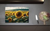 Inductieplaat Beschermer - Close-up van Zonnebloemen Omringd door Zonnebloemen in een Zonnebloemenveld - 70x52 cm - 2 mm Dik - Inductie Beschermer van Vinyl