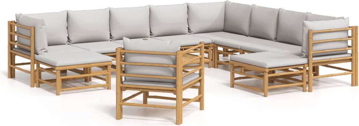 vidaXL 12-delige - Loungeset - met - kussens - bamboe - lichtgrijs