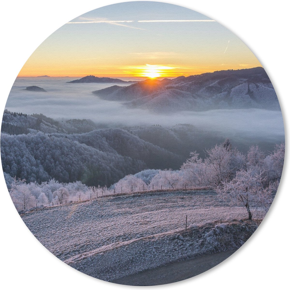 Muismat rond 30x30 cm - Mousepad Winter - Bergen - Zon - Avond - Ronde muismatten