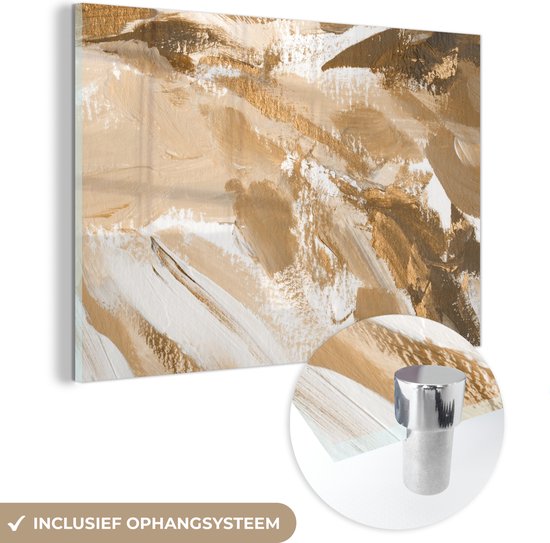MuchoWow® Glasschilderij 120x80 cm - Schilderij acrylglas - Goud - Beige - Abstract - Foto op glas - Schilderijen