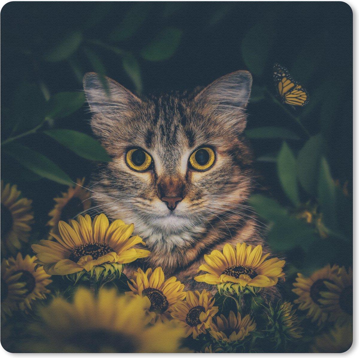 Muismat 30x30 cm - Mousepad Kat - Geel - Bloemen - Botanisch - Muismatten