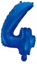Folie Ballon Cijfer 4 Blauw 41cm met Rietje