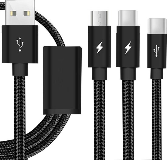 Universele 3-in-1 Kabel (Lightning, Micro USB, USB-C) - Zwart 1.2m | bol.com