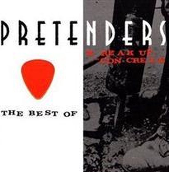 Pretenders albumhoes met een rood gitaarplectrum op een witte achtergrond en een zwart-wit betonafbeelding.