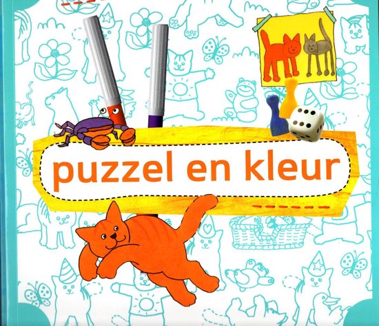 Grijze kat met potloden, oranje kat, dobbelsteen, pionnen en stift voor het puzzel en kleur boek.