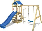 WICKEY speeltoestel klimtoestel FreeFlyer met schommel en blauwe glijbaan, outdoor speeltoestel voor kinderen met zandbak, ladder en speelaccessoires voor de tuin