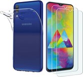 Soft Back Cover Hoesje Geschikt voor: Samsung Galaxy M20 Tranparant TPU Siliconen Soft Case + 2X Tempered Glass Screenprotector