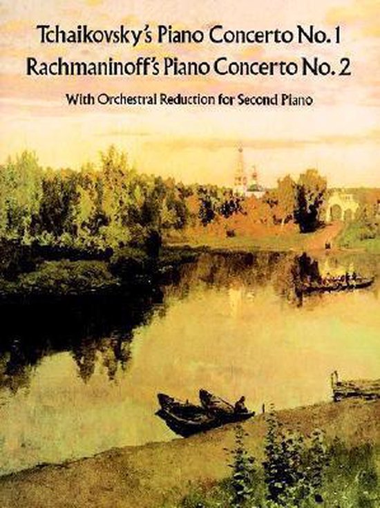 Page de titre pour le Concerto pour piano n° 1 de Tchaïkovski et le Concerto pour piano n° 2 de Rachmaninov, avec réduction orchestrale pour un second piano, représenté dans un paysage avec une rivière et des bateaux.