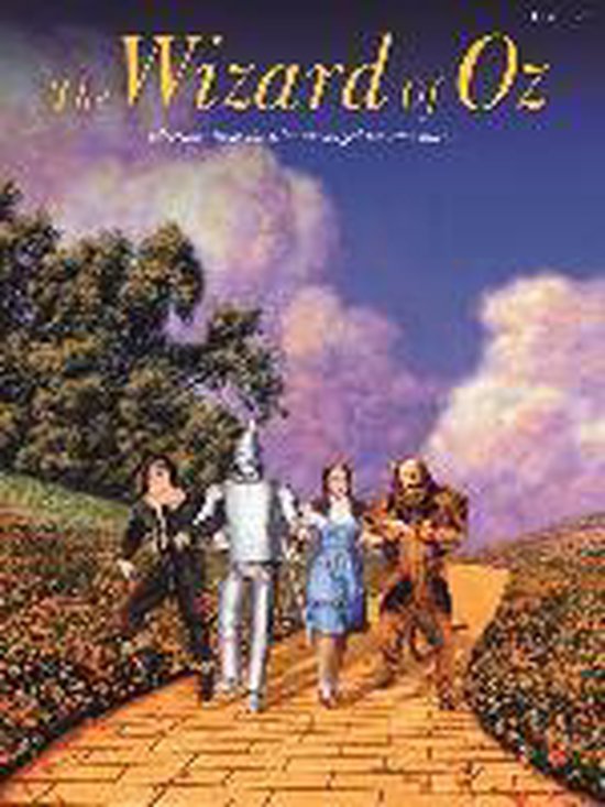 Dorothy, the Scarecrow, the Tin Man en de Cowardly Lion lopen op de gele stenen weg in The Wizard of Oz.