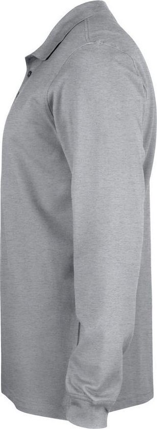 Lange grijze polo met knoopjes, zijaanzicht.