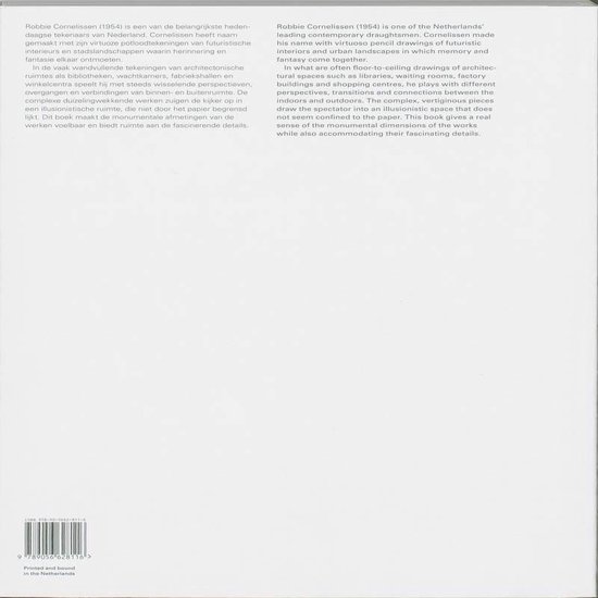 Livre avec des dessins de Robbie Cornelissen sur des intérieurs futuristes et des paysages urbains.